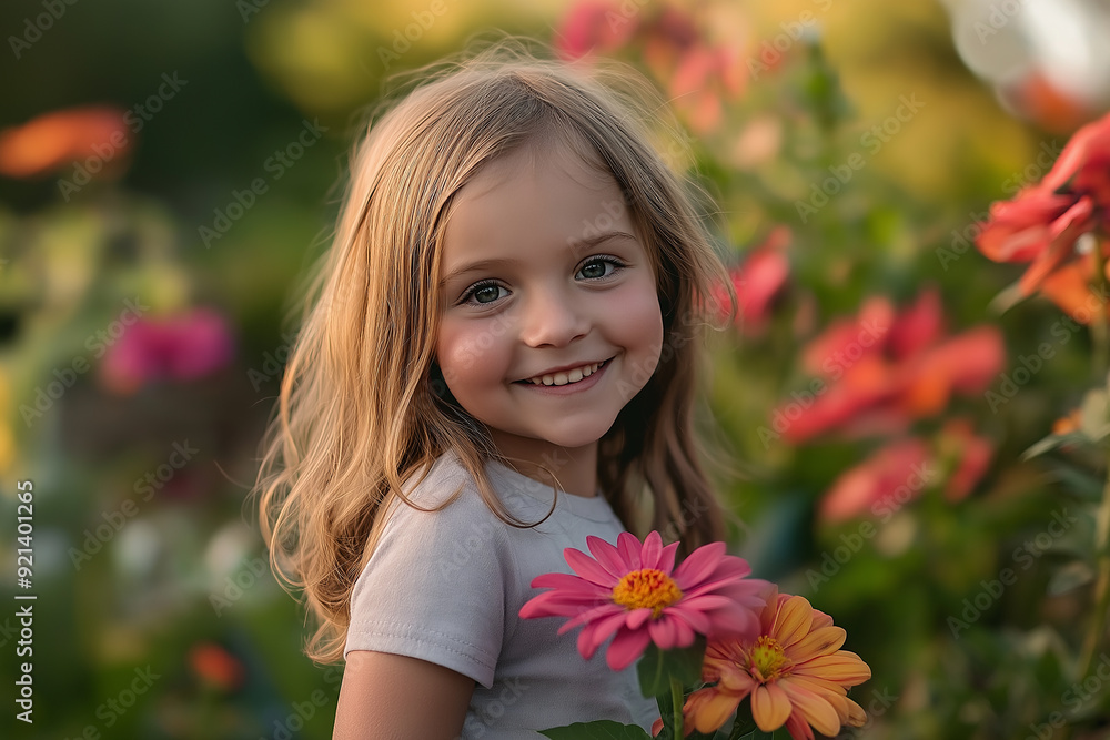 A smiling young girl holding vibrant flowers in a garden, surrounded by colorful blooms, exuding innocence and joy. A smiling young girl holding vibrant flowers in a garden, surrounded by colorful blooms, exuding innocence and joy.