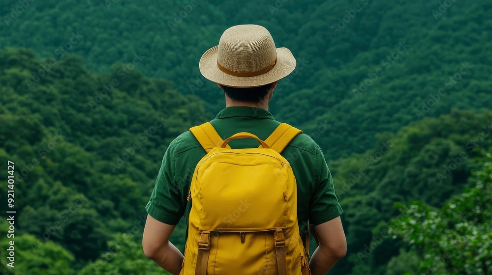Young Asian Traveler With Backpack And Hat, Taking In The View Young Asian Traveler With Backpack And Hat, Taking In The View