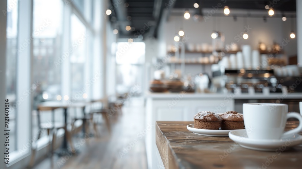 An inviting cafe with delicious pastry and coffee on a wooden counter, featuring a cozy atmosphere, modern decor, ample seating, and large windows with natural light. An inviting cafe with delicious pastry and coffee on a wooden counter, featuring a cozy atmosphere, modern decor, ample seating, and large windows with natural light.