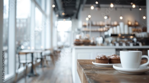 An inviting cafe with delicious pastry and coffee on a wooden counter, featuring a cozy atmosphere, modern decor, ample seating, and large windows with natural light.