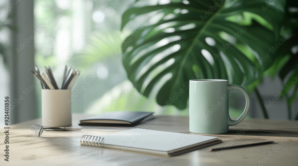 Show off your brand with a mug and notepad on a desk with office items and a Monstera leaf in the background. Show off your brand with a mug and notepad on a desk with office items and a Monstera leaf in the background.