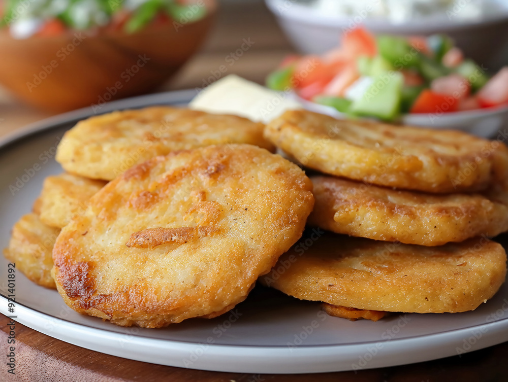 A plate of fried potatoes sits on a wooden table. The potatoes are golden brown and appear to be seasoned well. The table is set with a bowl of salad and a container of butter A plate of fried potatoes sits on a wooden table. The potatoes are golden brown and appear to be seasoned well. The table is set with a bowl of salad and a container of butter