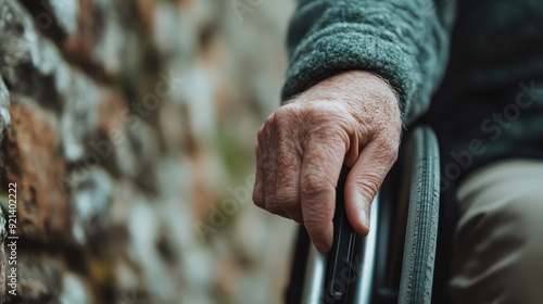 A detailed close-up of an elderly person's hand resting on the wheel of a wheelchair, set against a rustic brick wall background, symbolizing strength and resilience. photo