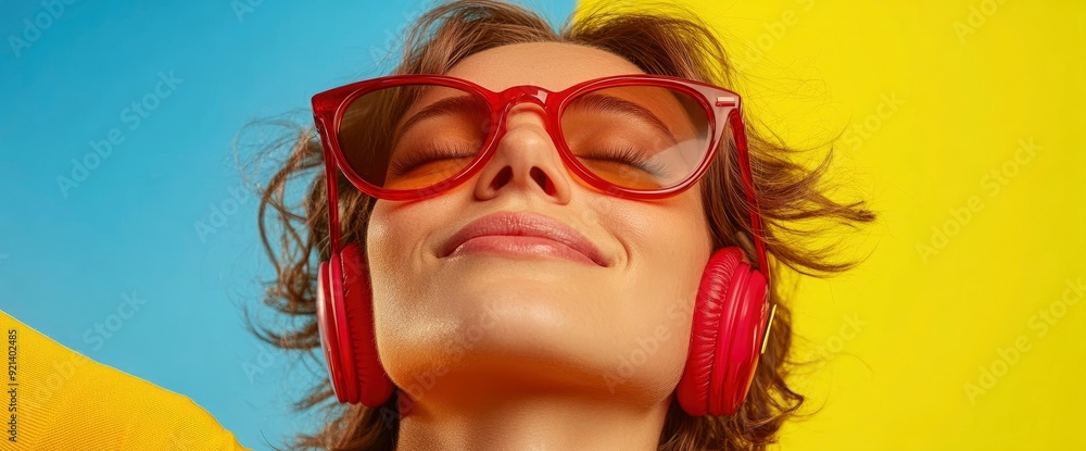 Young Woman At Sea, Headphones On, Music Fills The Air As Waves Crash Young Woman At Sea, Headphones On, Music Fills The Air As Waves Crash