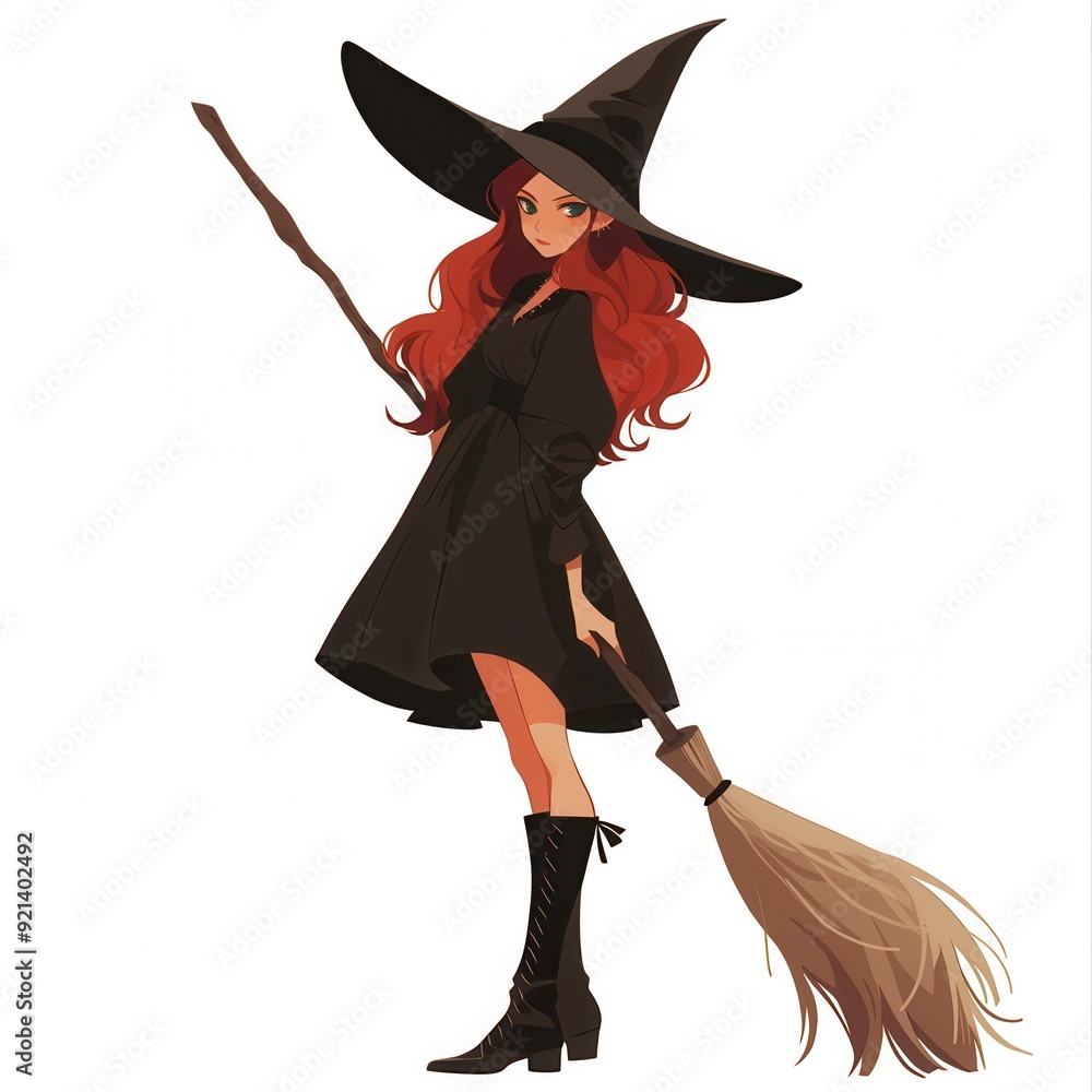 Cute anime witch with flowing red hair, wearing a simple black dress and wide-brimmed hat, holding a broom. Her playful yet mysterious aura is enhanced by her confident pose against a white background Cute anime witch with flowing red hair, wearing a simple black dress and wide-brimmed hat, holding a broom. Her playful yet mysterious aura is enhanced by her confident pose against a white background