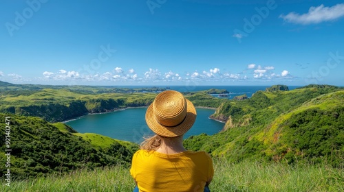 Young Woman At Ponta Da Sapata, Straw Hat, Panoramic View photo