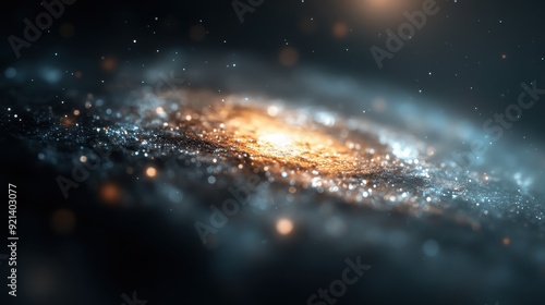 This image captures an illuminated galaxy with a sparkling, bright center surrounded by dark, dense edges. The composition highlights the contrast and beauty of the cosmic scene.