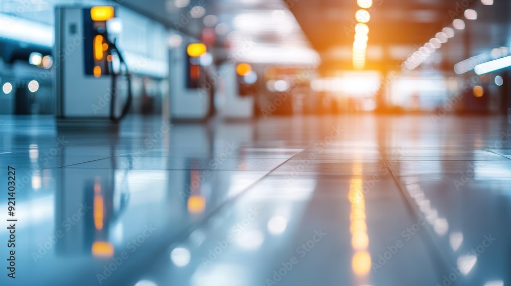 Fototapeta premium A spacious, modern airport terminal with bright lights reflecting off the shiny floor, creating an atmosphere of energy and anticipation as travelers move through.