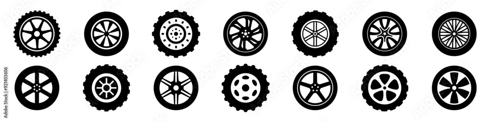 Wheel tire icon set. Black rubber symbol. Wheel tire icon set. Black rubber symbol.