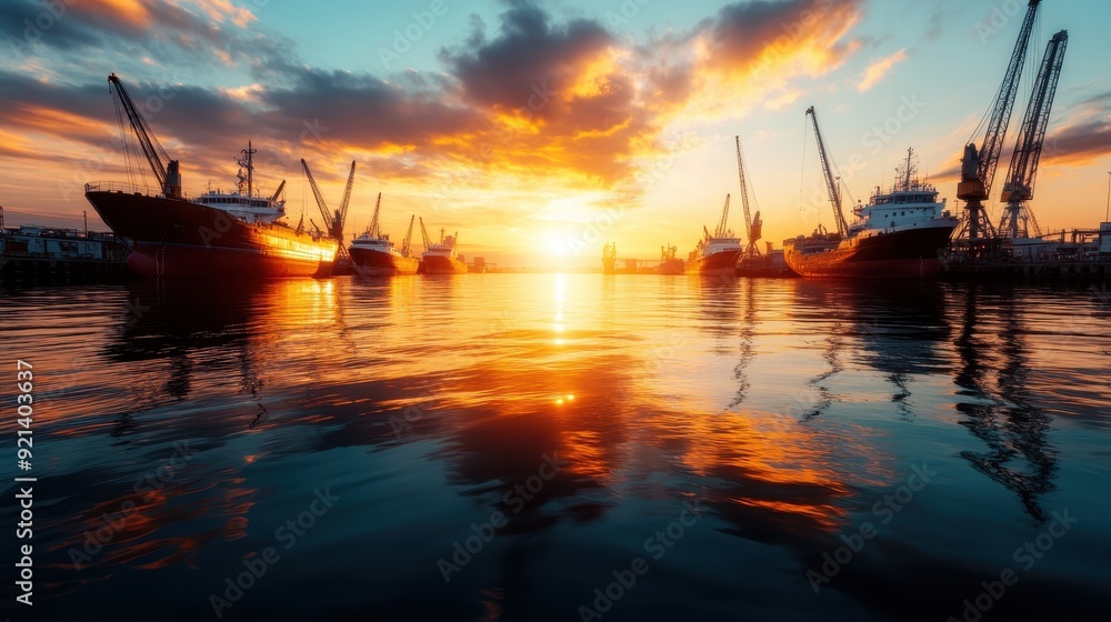 Ships are docked at a port with cranes in the background during a breathtaking sunset, reflecting the golden hues on the water and capturing the essence of maritime operations. Ships are docked at a port with cranes in the background during a breathtaking sunset, reflecting the golden hues on the water and capturing the essence of maritime operations.
