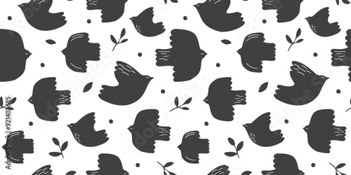 Seamless pattern with abstract silhouettes of birds. Naive pigeons in flight. Vector graphics.