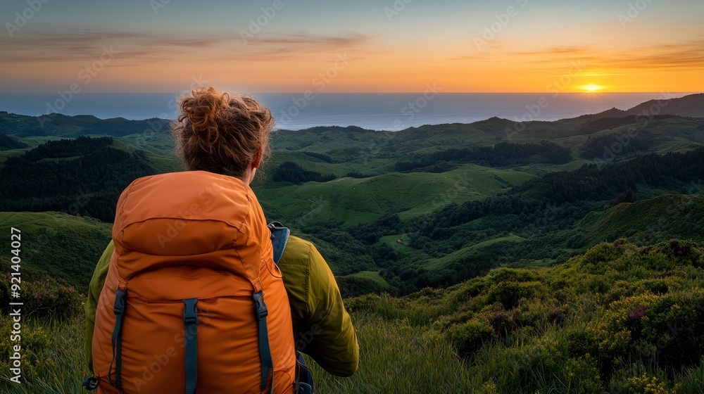 Woman Hikes Seaside, Selfie At Sunset, Capturing The Moment Woman Hikes Seaside, Selfie At Sunset, Capturing The Moment