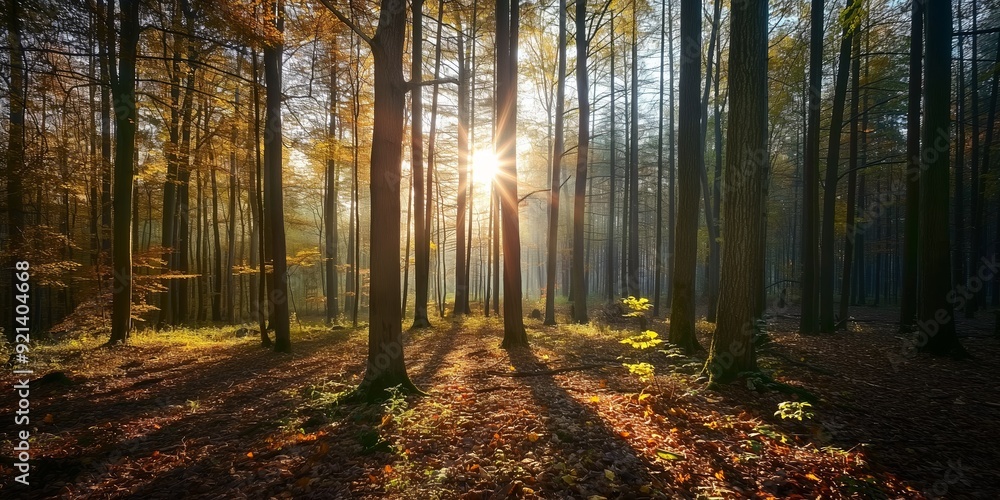 Obraz premium Sunlight filtering through tall trees in an autumn forest, casting long shadows over the fallen leaves on the forest floor.