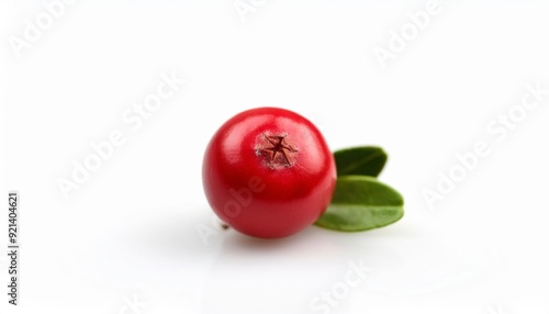 Fresh Cranberry with Green Leaves: A single, plump cranberry, vibrant red and glistening with dew, rests gracefully atop two delicate green leaves. The image radiates freshness and natural beauty. photo