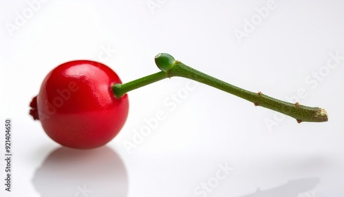 Single Red Berry: A single, plump red berry with a green stem, isolated on a white background. The berry's smooth skin and vibrant color create a sense of freshness and natural beauty. 