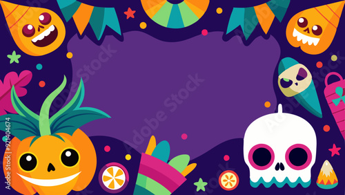 Fun Halloween Background with Pumpkins, Skulls, and Candy in Cartoon Style with Copy Space