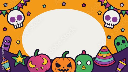 Cute Halloween Background with Pumpkins, Skulls, and Ghosts in Cartoon Style with Copy Space
