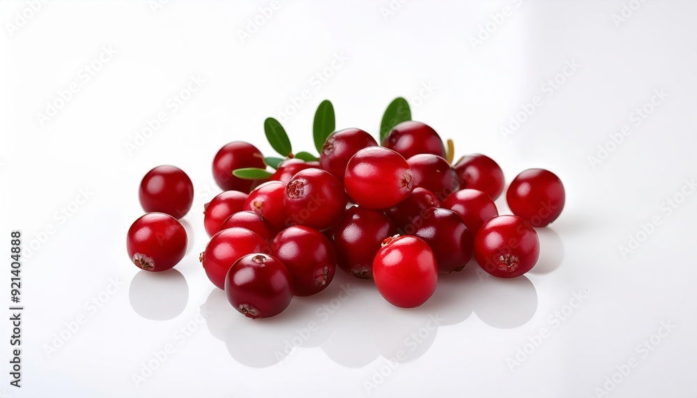 Cranberry Delight: A vibrant pile of fresh cranberries, glistening with natural sweetness, sits on a reflective surface, accented by a sprig of lush green leaves.  A burst of color and freshness. 