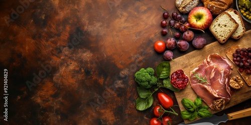 A vibrant spread of fresh food items like fruits and bread on a rustic textured background, symbolizing abundance. photo