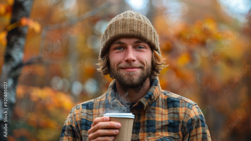Smiling man holding a coffee cup in an autumn forest Smiling man holding a coffee cup in an autumn forest