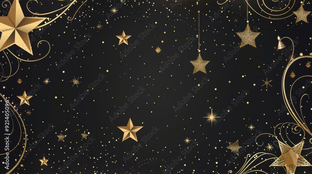 A festive background featuring sparkling gold stars and elegant swirls against a dark backdrop A festive background featuring sparkling gold stars and elegant swirls against a dark backdrop