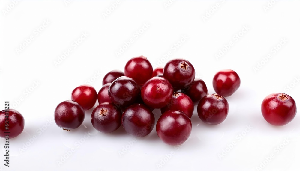 Cranberry Delight: A vibrant cluster of fresh, plump cranberries, bursting with color and natural sweetness, scattered on a pristine white background. A tantalizing visual for culinary and healthy liv Cranberry Delight: A vibrant cluster of fresh, plump cranberries, bursting with color and natural sweetness, scattered on a pristine white background. A tantalizing visual for culinary and healthy liv