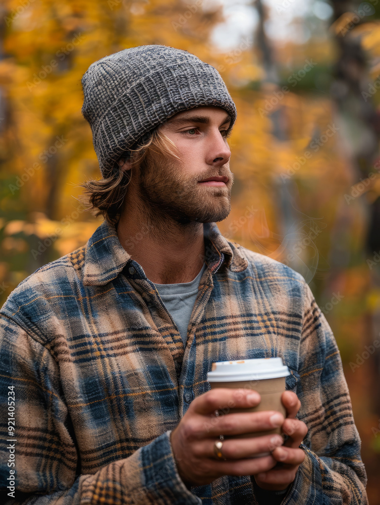 Young man in beanie holding coffee in autumn forest. Young man in beanie holding coffee in autumn forest.
