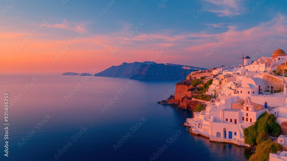 Fototapeta premium Sunset In Santorini, Oias Whitewashed Beauty Glows