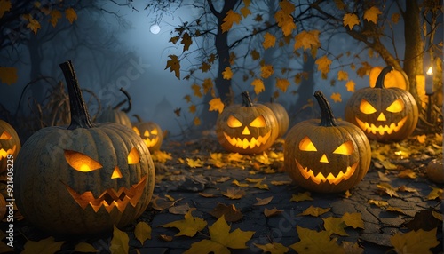 Glowing pumpkins in a misty night forest, under a full moon, evoke Halloween’s spooky essence.