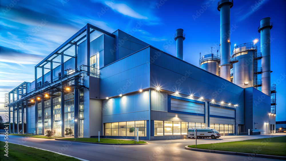 Modern industrial complex with bright evening lights, advanced manufacturing facility at dusk