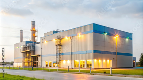 Modern industrial building with evening lights, advanced manufacturing facility exterior