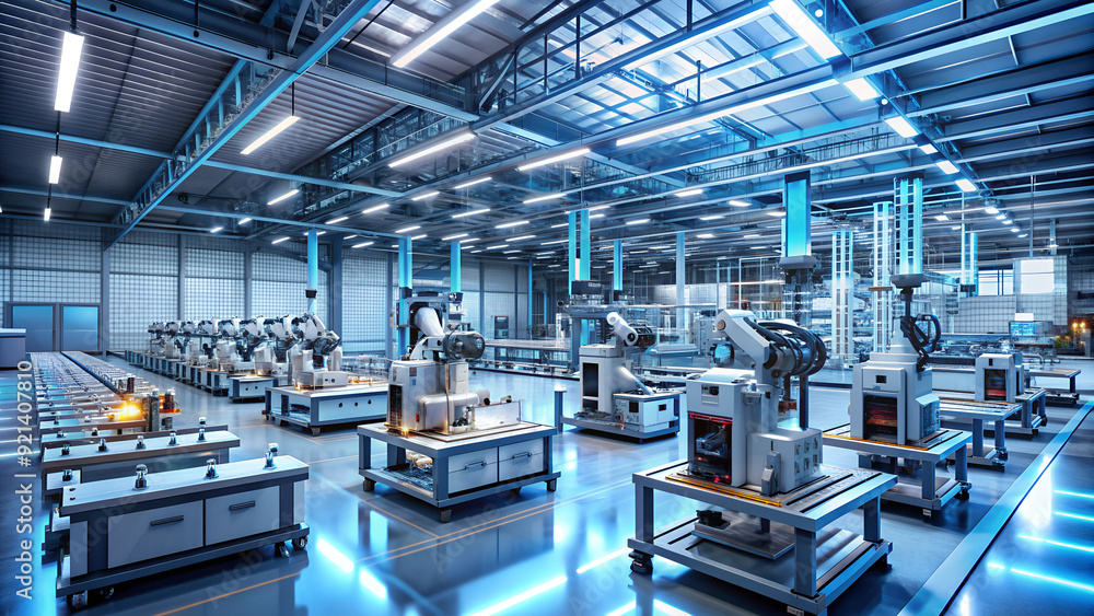 Modern industrial manufacturing plant with robotic arms, automated production facility in blue tones Modern industrial manufacturing plant with robotic arms, automated production facility in blue tones
