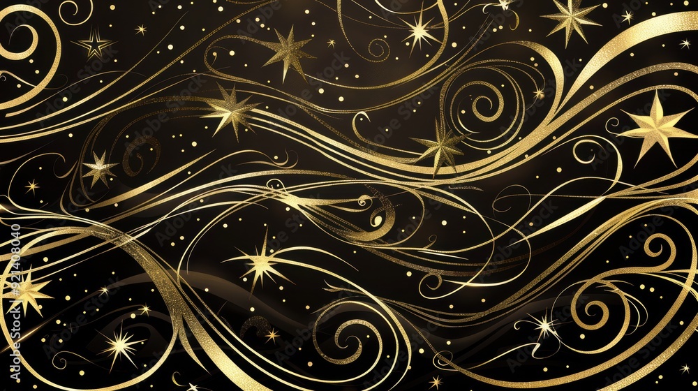 Light golden swirls and stars dance across a dark backdrop, perfect for festive celebrations or artistic designs Light golden swirls and stars dance across a dark backdrop, perfect for festive celebrations or artistic designs