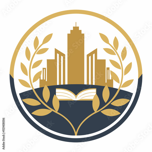 illustration of library logo. A stylized gold book emblem, with a city skyline, surrounded by leaves, in a circle, Create a minimalist emblem for a literary company. Library logo vector. 