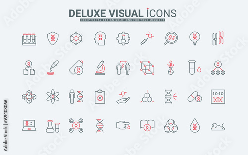 Genetic analysis, chemistry and biotechnology, molecular research, investigation line icons set. Microscope and magnifying glass for DNA test thin black and red outline symbols vector illustration