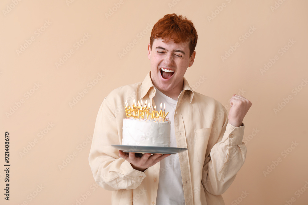 Surprised young man with birthday cake on beige background Surprised young man with birthday cake on beige background