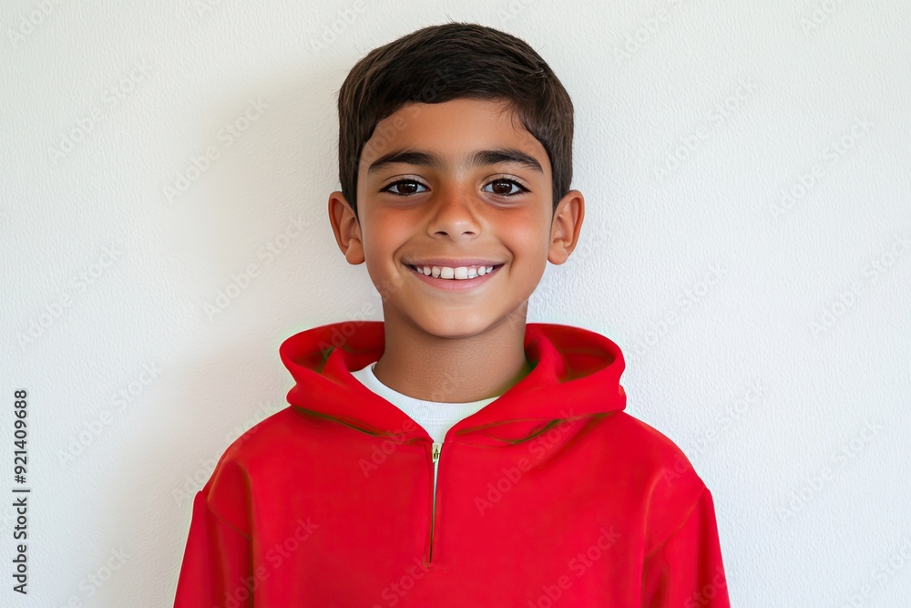 A joyful boy in a bright red hoodie smiles against a plain white background A joyful boy in a bright red hoodie smiles against a plain white background