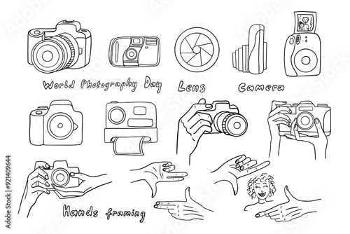 Large set of photography theme. Photographer, taking pictures, camera, lens, hands with a camera. World photography day. Hand drawn. Good for banner, posters, cards, professional design. 