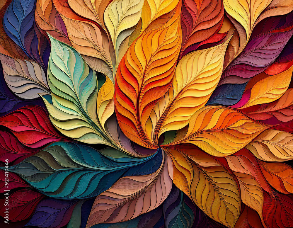 Abstract Spiral Pattern of Autumn Leaves Each Layer Showcasing a Different Fall Color Spectrum Abstract Spiral Pattern of Autumn Leaves Each Layer Showcasing a Different Fall Color Spectrum
