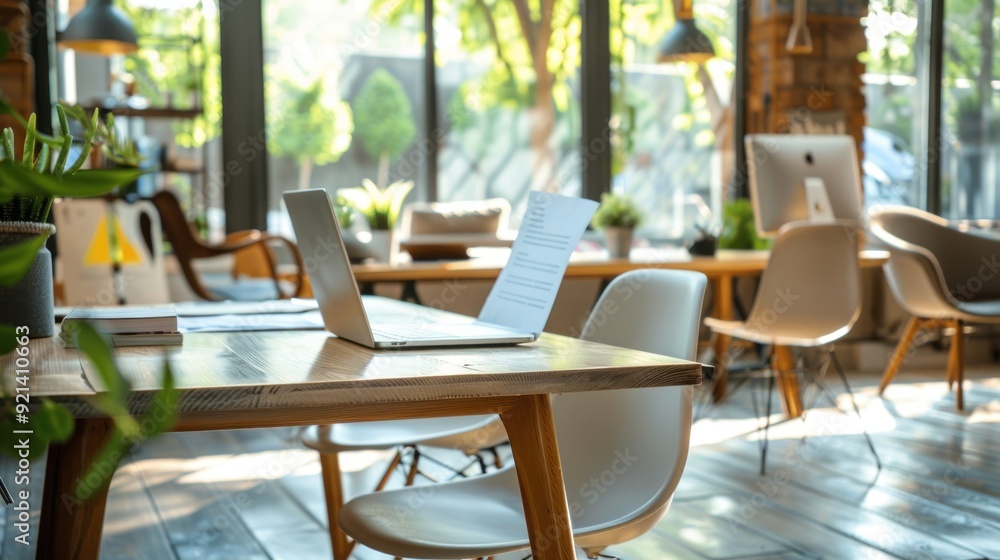 Laptop on Wooden Table in Cafe Laptop on Wooden Table in Cafe