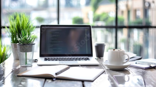 Wallpaper Mural Laptop, Coffee, and Notebook on a Wooden Table Torontodigital.ca