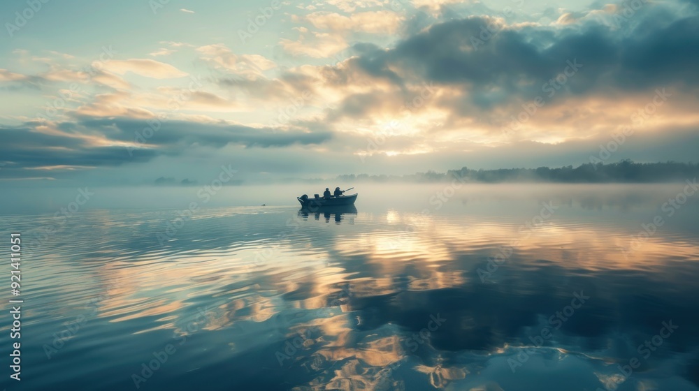 Obraz premium Serene Morning on a Misty Lake