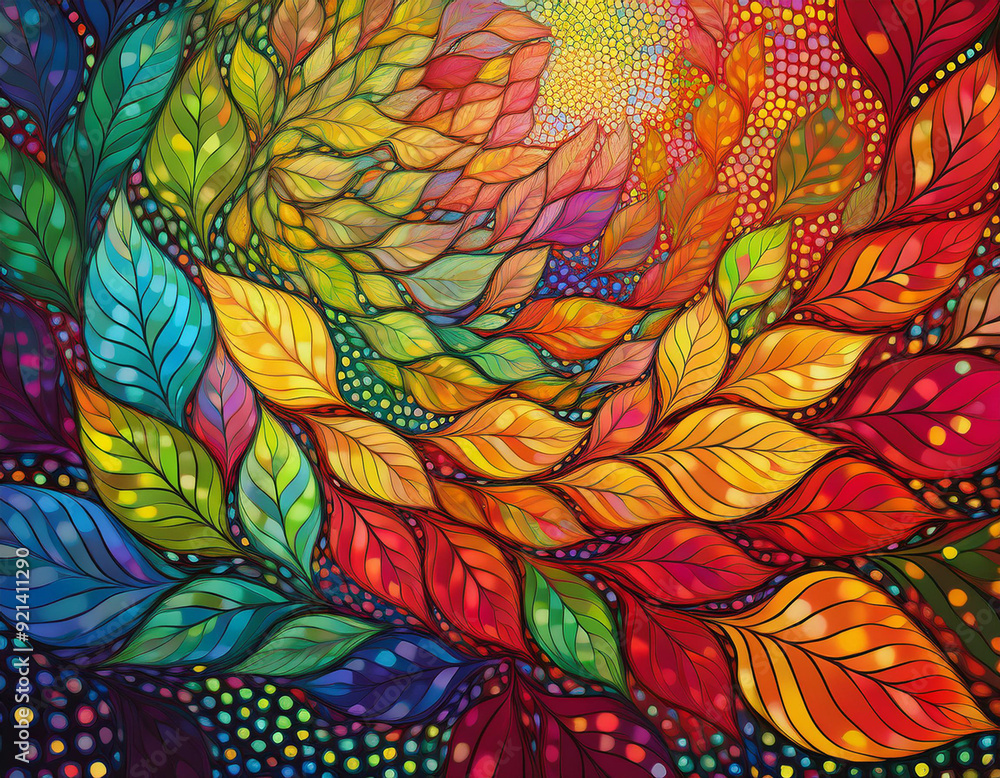 Abstract Spiral Pattern of Autumn Leaves Each Layer Showcasing a Different Fall Color Spectrum Abstract Spiral Pattern of Autumn Leaves Each Layer Showcasing a Different Fall Color Spectrum