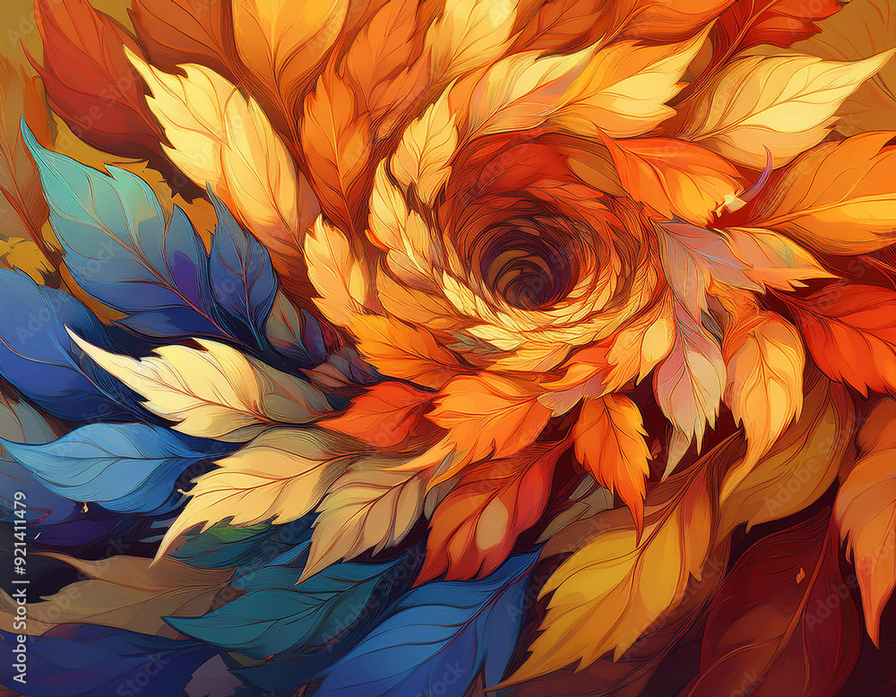 Abstract Spiral Pattern of Autumn Leaves Each Layer Showcasing a Different Fall Color Spectrum Abstract Spiral Pattern of Autumn Leaves Each Layer Showcasing a Different Fall Color Spectrum