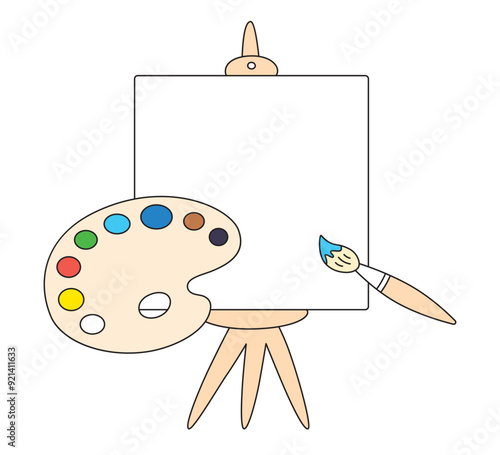 Easel with a canvas, palette and a paintbrush, art school studio.