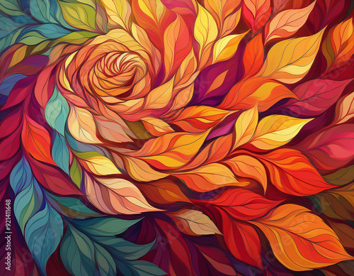 Abstract Spiral Pattern of Autumn Leaves Each Layer Showcasing a Different Fall Color Spectrum