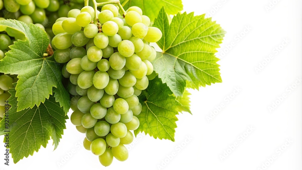 Fresh green grapes on vine with lush leaves on sunny day, isolated on white background with copy space for text , Grapes Fresh green grapes on vine with lush leaves on sunny day, isolated on white background with copy space for text , Grapes