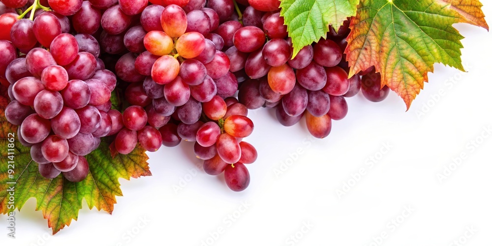 Obraz premium Vibrant red grapes and leaves in natural light on white background for copy space, red grapes, vibrant
