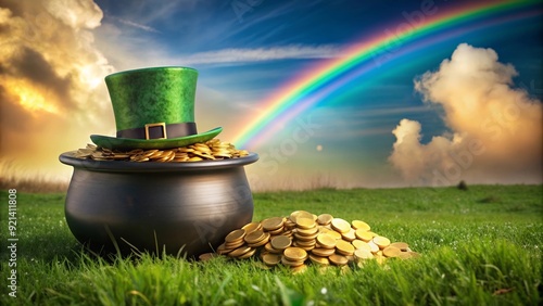 Pot of gold at end of rainbow with Leprechaun's hat