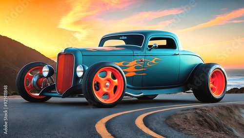 Beautiful unique teal vintage hot rod car with orange fire, automotive background, tuning template, wallpaper, auto transport photo